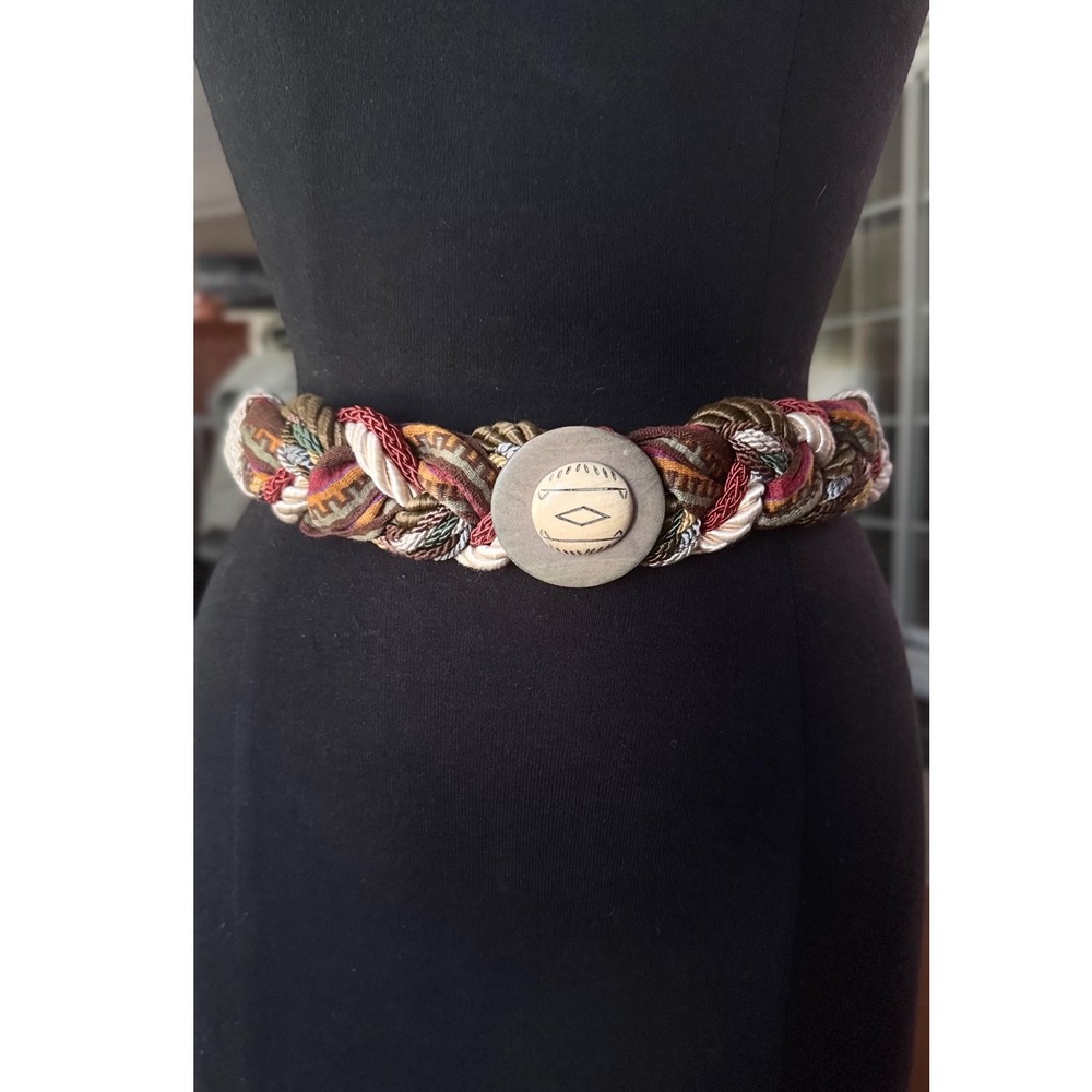 Vintage Boho Southwest Woven Stretch Belt‎ Wooden Center Artisan Design Sm Woman